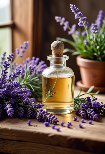 a bottle of olive oil sits on a wooden table with purple flowers