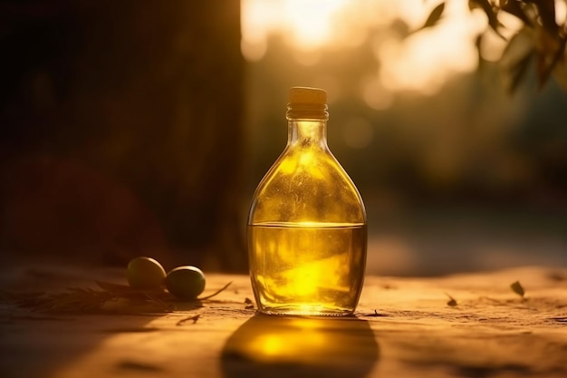 A bottle of olive oil sits on a wooden table with a tree in the background.