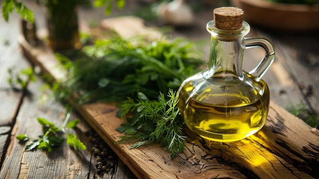 a bottle of olive oil sits on a wooden table