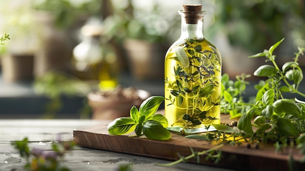 a bottle of olive oil sits on a wooden table