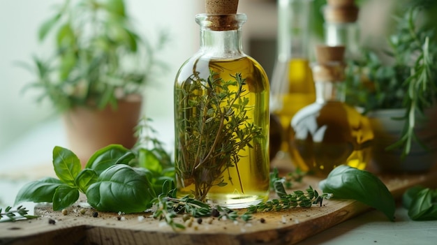 a bottle of olive oil sits on a wooden tray with herbs and herbs