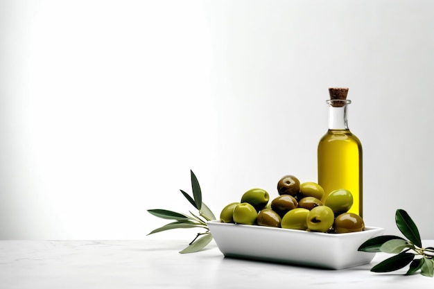 a bottle of olive oil and some olives on a table