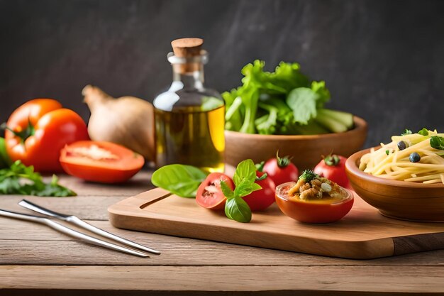 A bottle of olive oil next to tomatoes and lettuce.