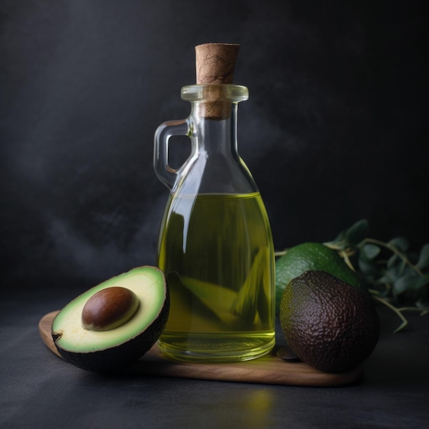 A bottle of olive oil with avocado on the table behind it