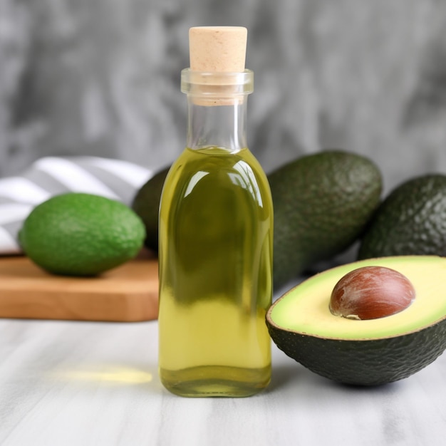 A bottle of olive oil with avocado on the table behind it