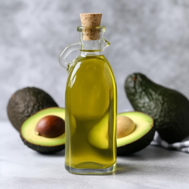 A bottle of olive oil with avocado on the table behind it