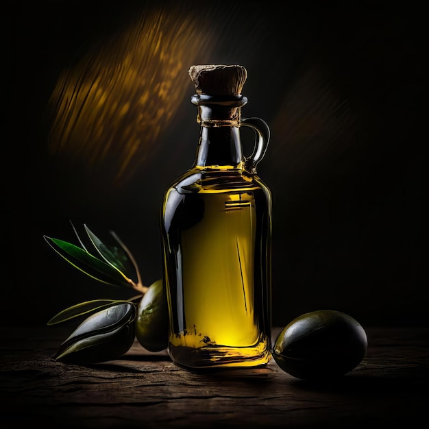 A bottle of olive oil with a cork cap on a table with a dark background and some olives on the table