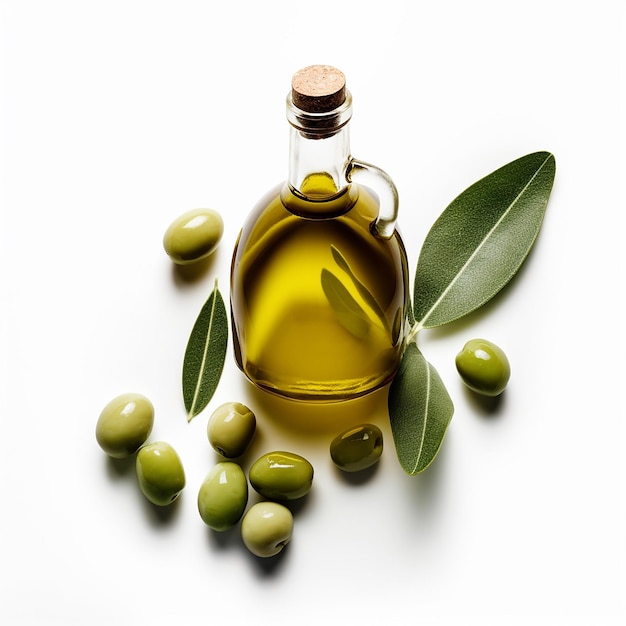 A bottle of olive oil with green olives on a white background