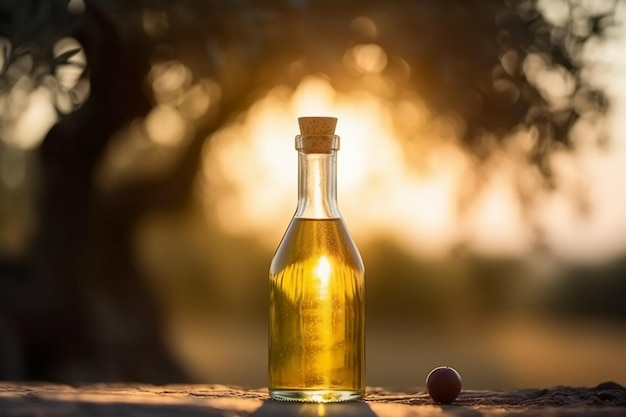 A bottle of olive oil with a nutmeg in the background