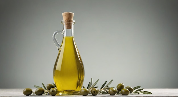 a bottle of olive oil with olives on a table