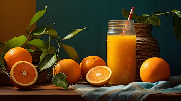 a bottle of orange juice next to a basket of oranges