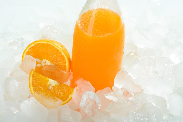 The bottle of orange juice on ice