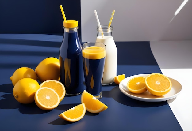 a bottle of orange juice sits next to a plate of orange slices