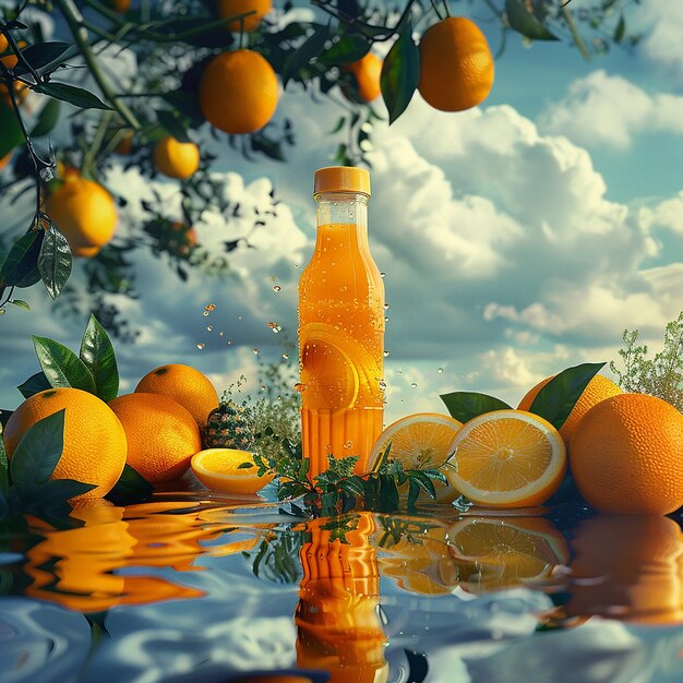 Photo a bottle of orange juice sits on a table with the words  oranges  on it