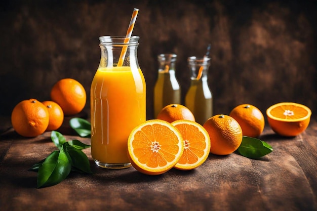 a bottle of orange juice with oranges and green leaves