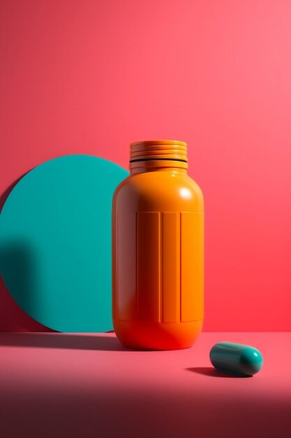 a bottle of orange liquid next to a green ball and a green object with a blue and red background