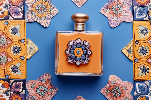 A bottle of orange perfume with a blue background and a number 5 on the front.