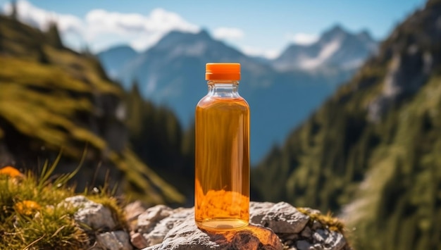 A bottle of orange water sits on a rock in front of a mountain range