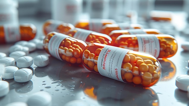 a bottle of orange and yellow balls are on a table