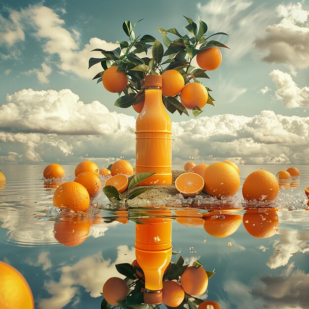 Photo a bottle of oranges sits on a table with oranges on it