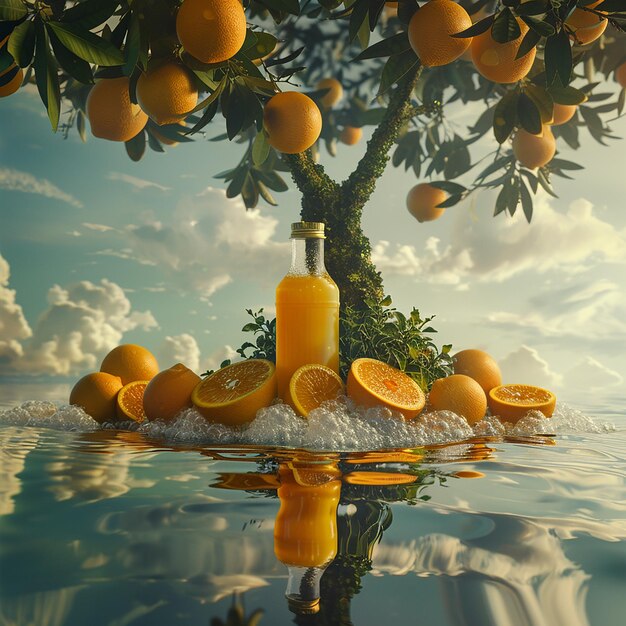 Photo a bottle of oranges sits under a tree with the words  lemonade  on it