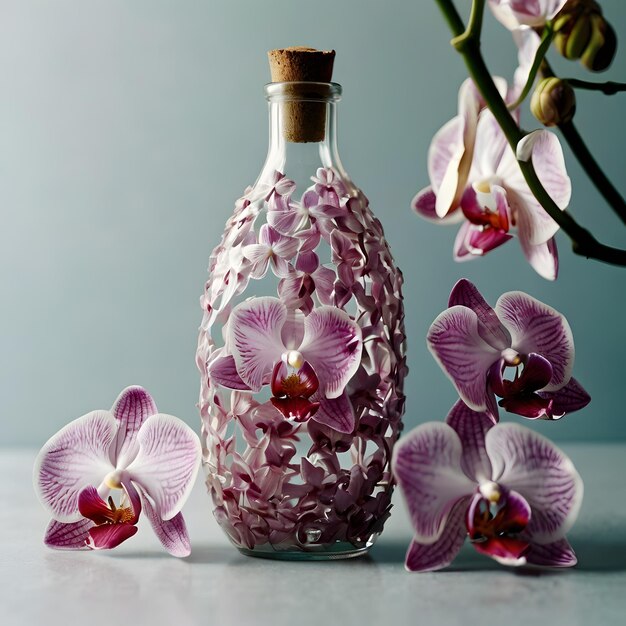 a bottle of orchids sits next to a purple orchid