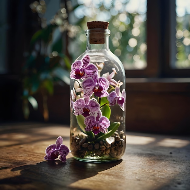 a bottle of orchids sits on a table with a bunch of leaves in it