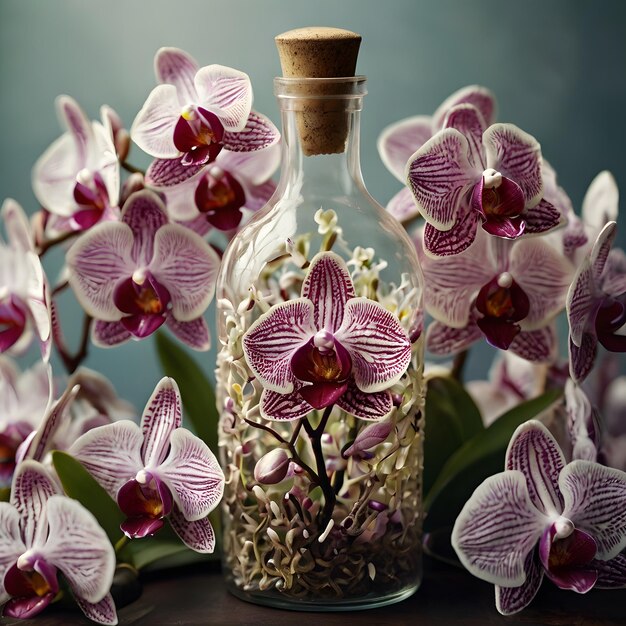 a bottle of orchids with a bottle of orchids in it