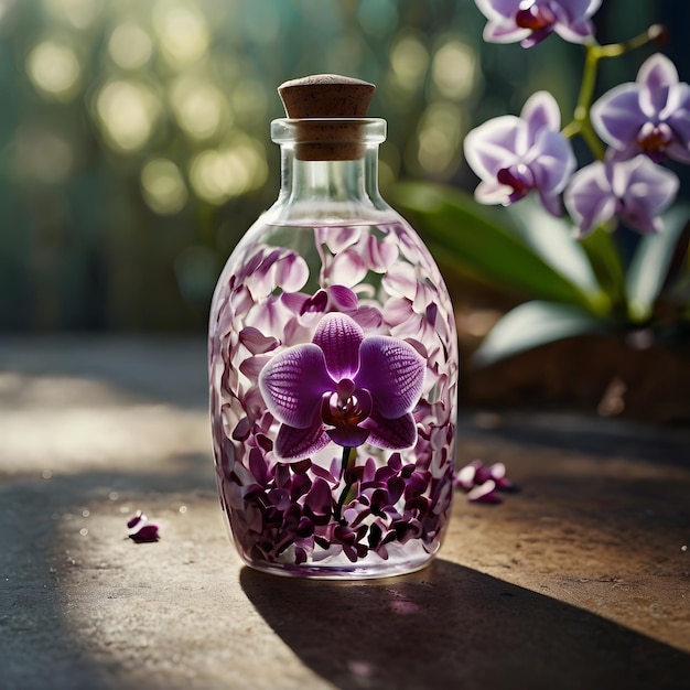 a bottle of orchids with purple flowers in it