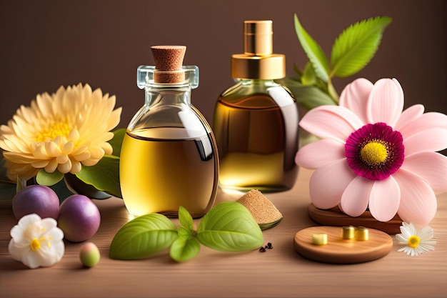 A bottle of organic perfume with flowers and a flower on the table