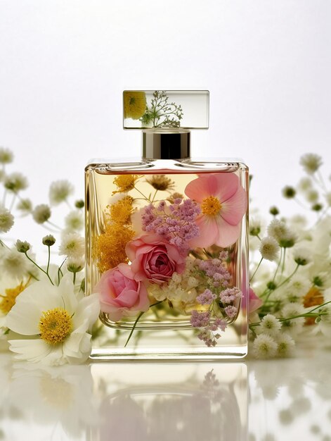 A bottle of parfume with flowers on a dark background