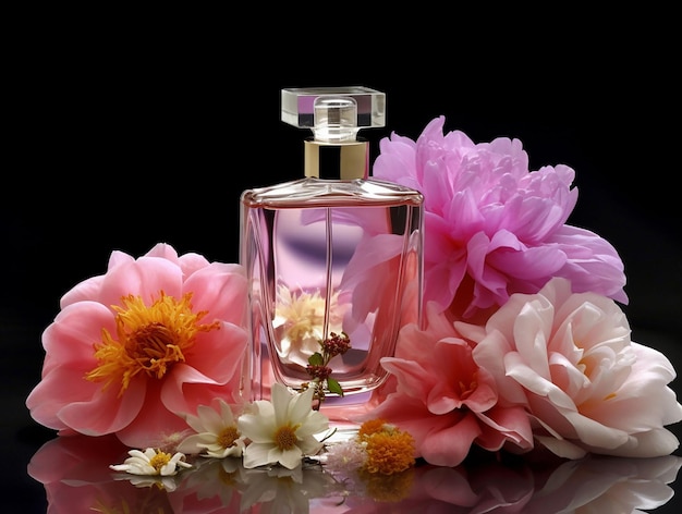 A bottle of parfume with flowers on a white background