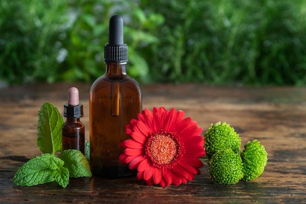 A bottle of peppermint oil next to a green flower and a green leaf.