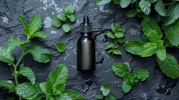 Photo a bottle of peppermint oil is next to a bunch of fresh mint leaves