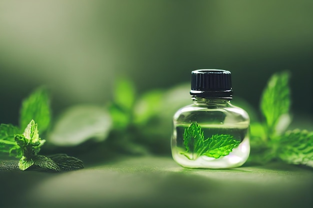 A bottle of peppermint oil and sprigs with mint leaves are illuminated by the rays of the sun