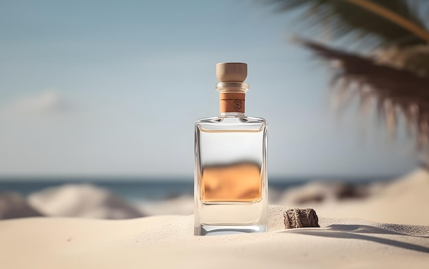 A bottle of perfume on a beach with a palm tree in the background