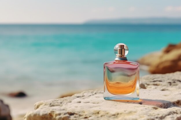 A bottle of perfume on a beach