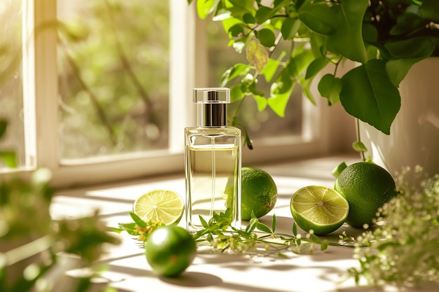 a bottle of perfume next to a bottle of limes