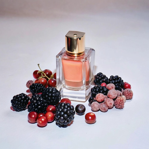 a bottle of perfume next to a bunch of berries