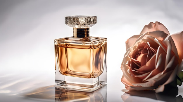 A bottle of perfume next to a flower