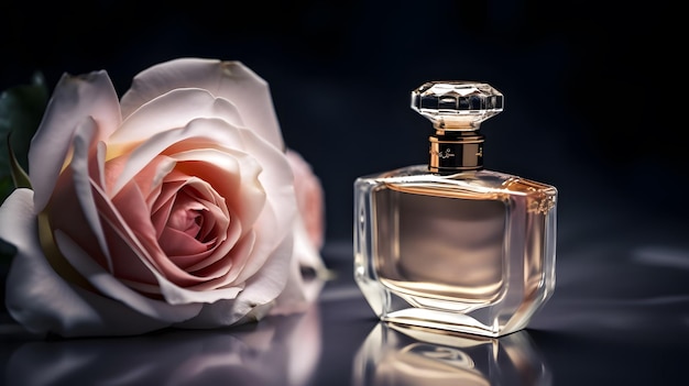 A bottle of perfume next to a flower