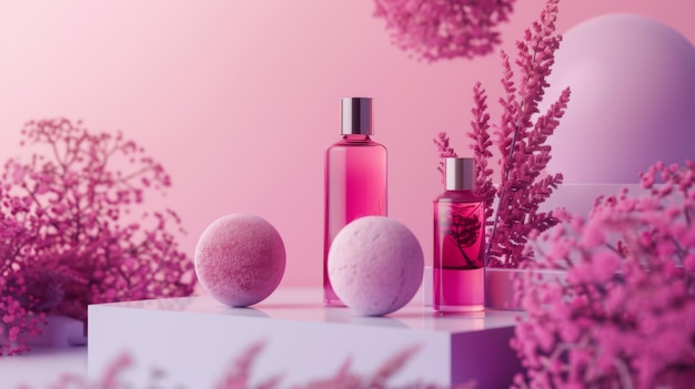 a bottle of perfume is next to a ball and a pink ball