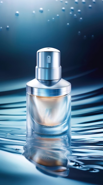 A bottle of perfume is on a blue background.