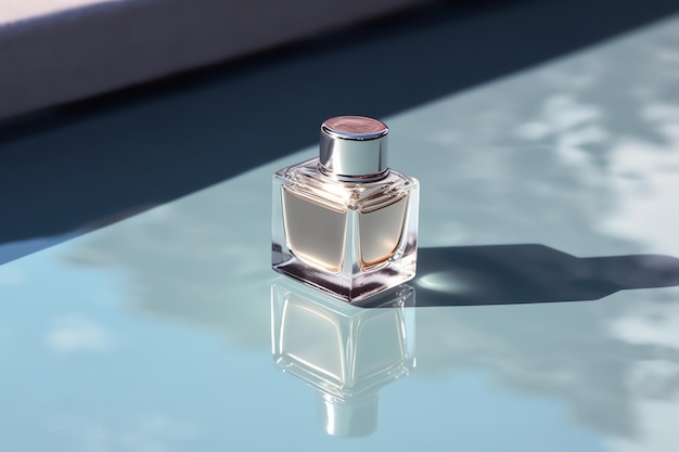 A bottle of perfume is on a glass table.