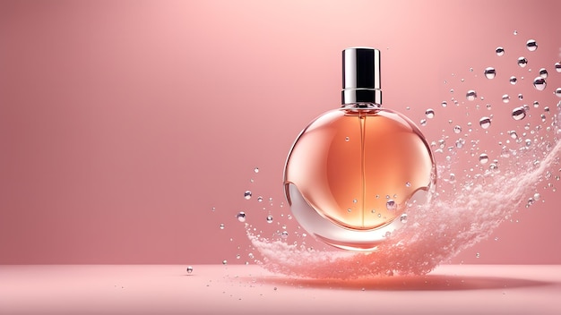 A bottle of perfume is on a pink background with a splash of water