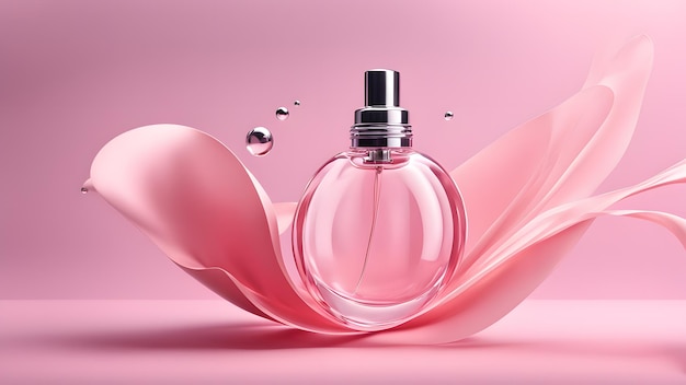 A bottle of perfume is on a pink background