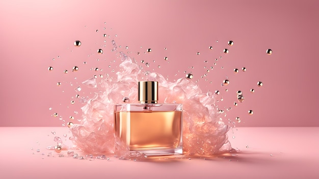 A bottle of perfume is surrounded by a cloud of glitter