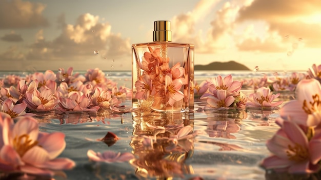 A bottle of perfume is surrounded by pink flowers in a body of water