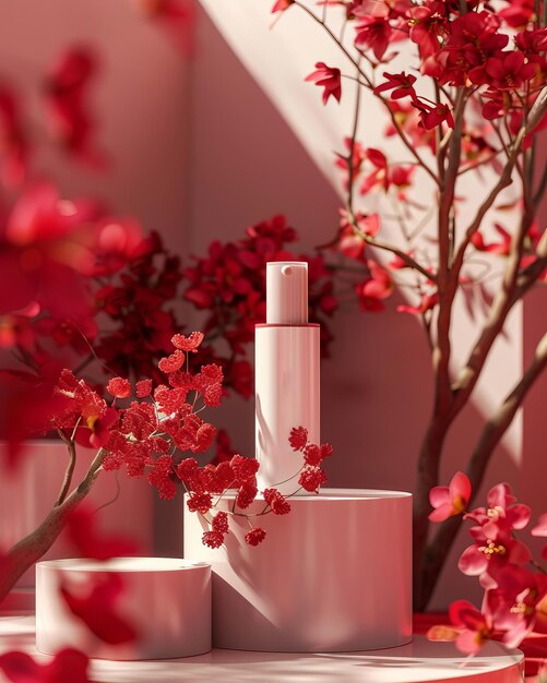 A bottle of perfume or lotion cosmetic on a pink podium