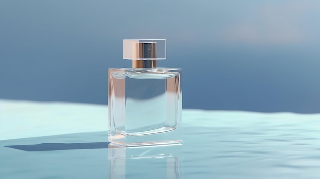 A bottle of perfume mock up with a clear water blue background